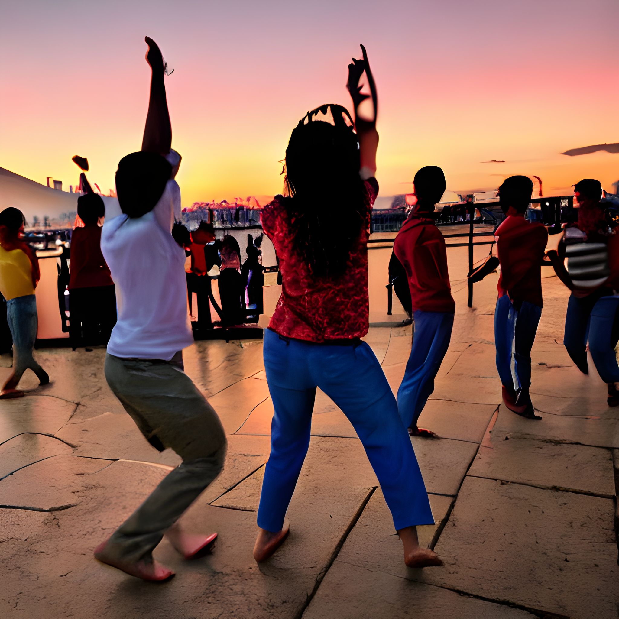 Dancing people in the evening, seen from back, sunset, Canon EOS 1000D, ƒ/3.5, Focal length: 18.0 mm, Exposure time: 1/5, ISO 400, Flash on