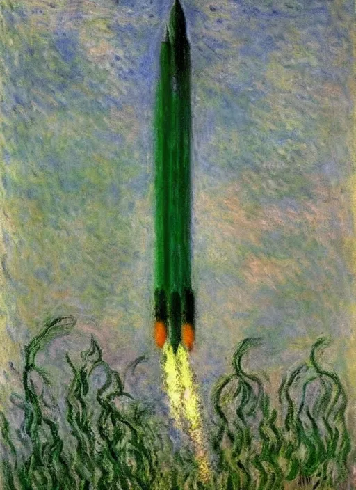 green rocket flying into space by claude monet