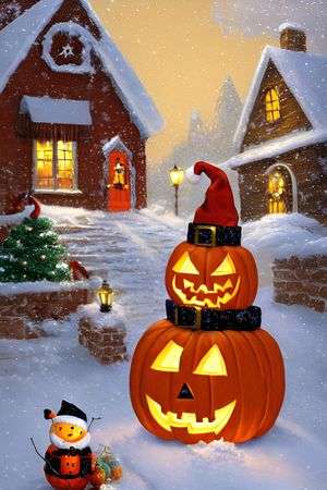 ImgCreator.ai jack-o-lantern wearing a santa hat on a snowy doorstep, front door adorned with christmas decorations, storybook illustration by akihiko yoshida and thomas kinkade and beatrix potter_result