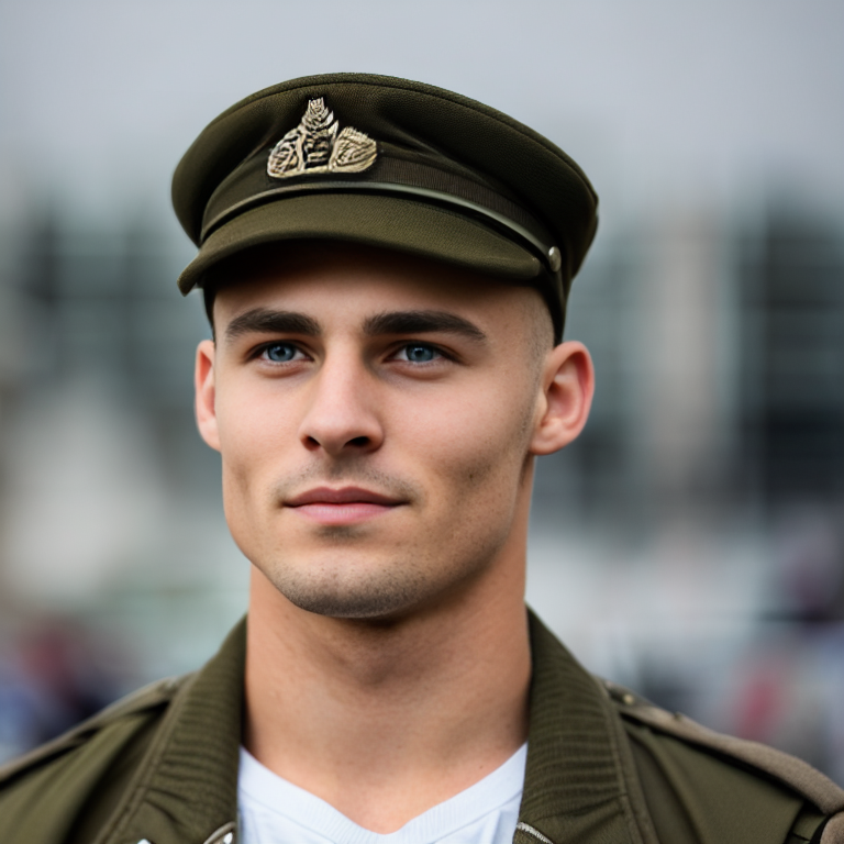 ImgCreator.ai A hyperrealistic photo of a young man with a round face olive green eyes small nose and dirty blonde hair. He is wearing a military side cap. 1