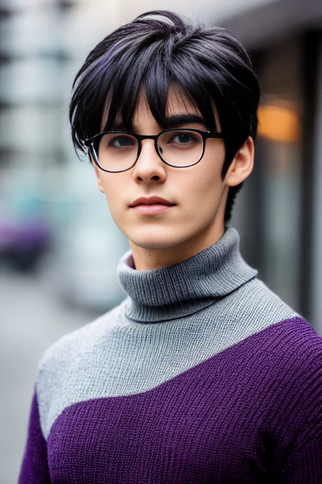 ImgCreator.ai beautiful anime boy high resolution short black hair sideswept bangs purple eyes beauty marks scars white turtleneck glasses 1