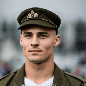 ImgCreator.ai A hyperrealistic photo of a young man with a round face olive green eyes small nose and dirty blonde hair. He is wearing a military side cap.