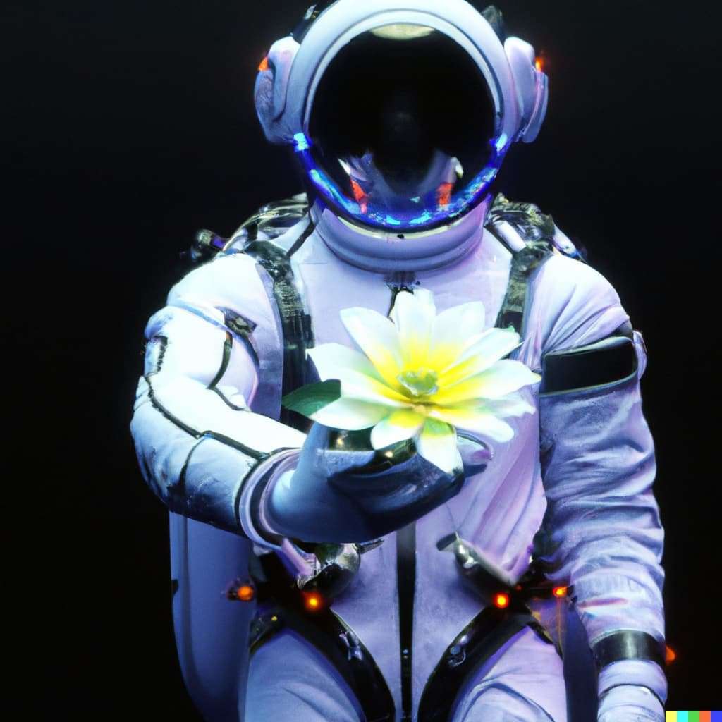 DALL%C2%B7E 2023 04 06 12.17.14 realistic photo a man in a space suit with a flower in his hand a computer rendering by Mike Winkelmann trending on cgsociety retrofuturism uhd i 1