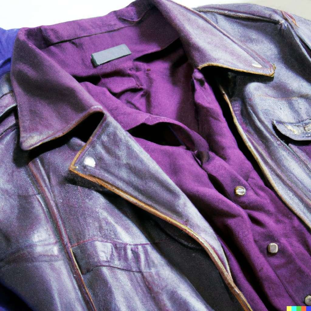 DALL·E 2023 04 07 19.18.38 a purple shirt with a leather jacket 1
