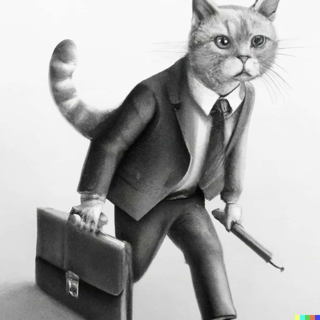 DALL·E 2023 04 11 16.27.39 3D photorealistic pencil drawing of a cat in a suit with a briefcase on his way to work 1