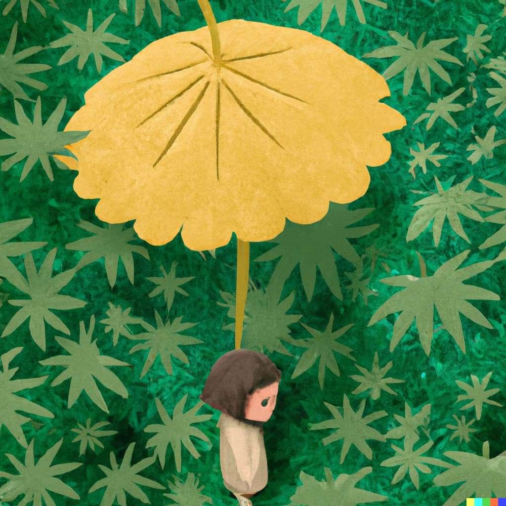 DALL·E 2023 04 11 16.40.15 Tiny human using leaf as an umbrella in giant garden by Studio Ghibli cinematic. 1 1