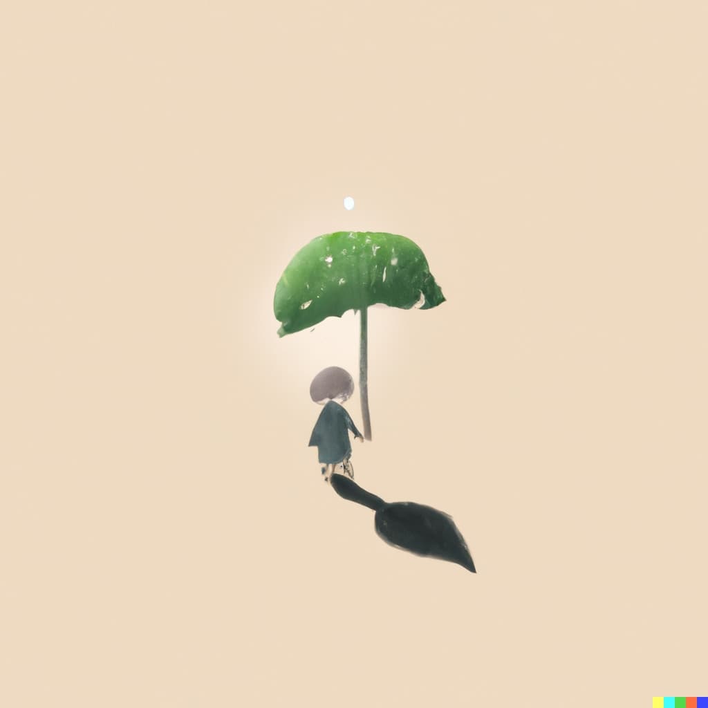 DALL·E 2023 04 11 16.40.41 Tiny human using leaf as an umbrella by Studio Ghibli cinematic. 1 1