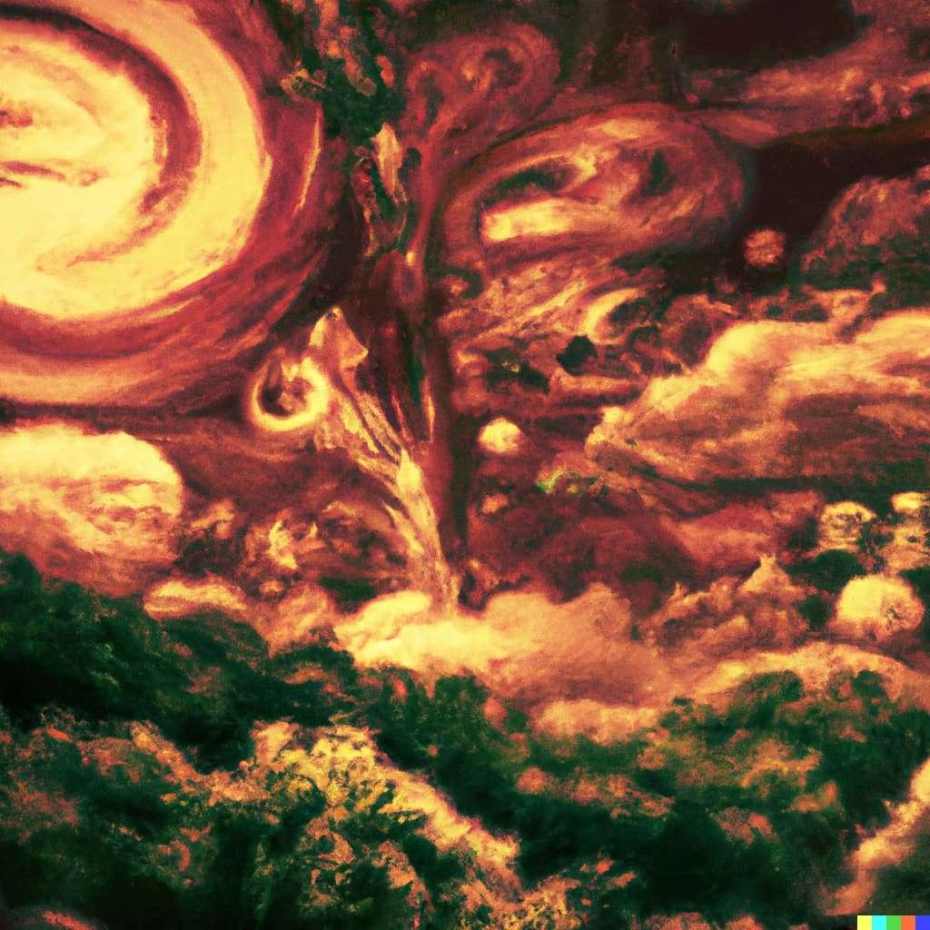 DALL·E 2023 04 11 17.00.13 Illustration of jupiter clouds by dan mumford alien landscape and vegetation epic scene a lot of swirling clouds high exposure highly detailed f 1