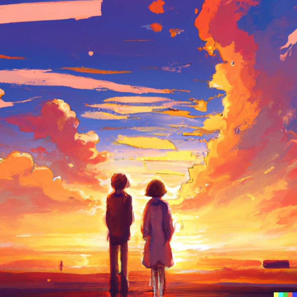 DALL·E 2023 04 11 17.03.07 two persons standing back to back under sky stunning sunset illustration concept art anime by makoto shinkai 1