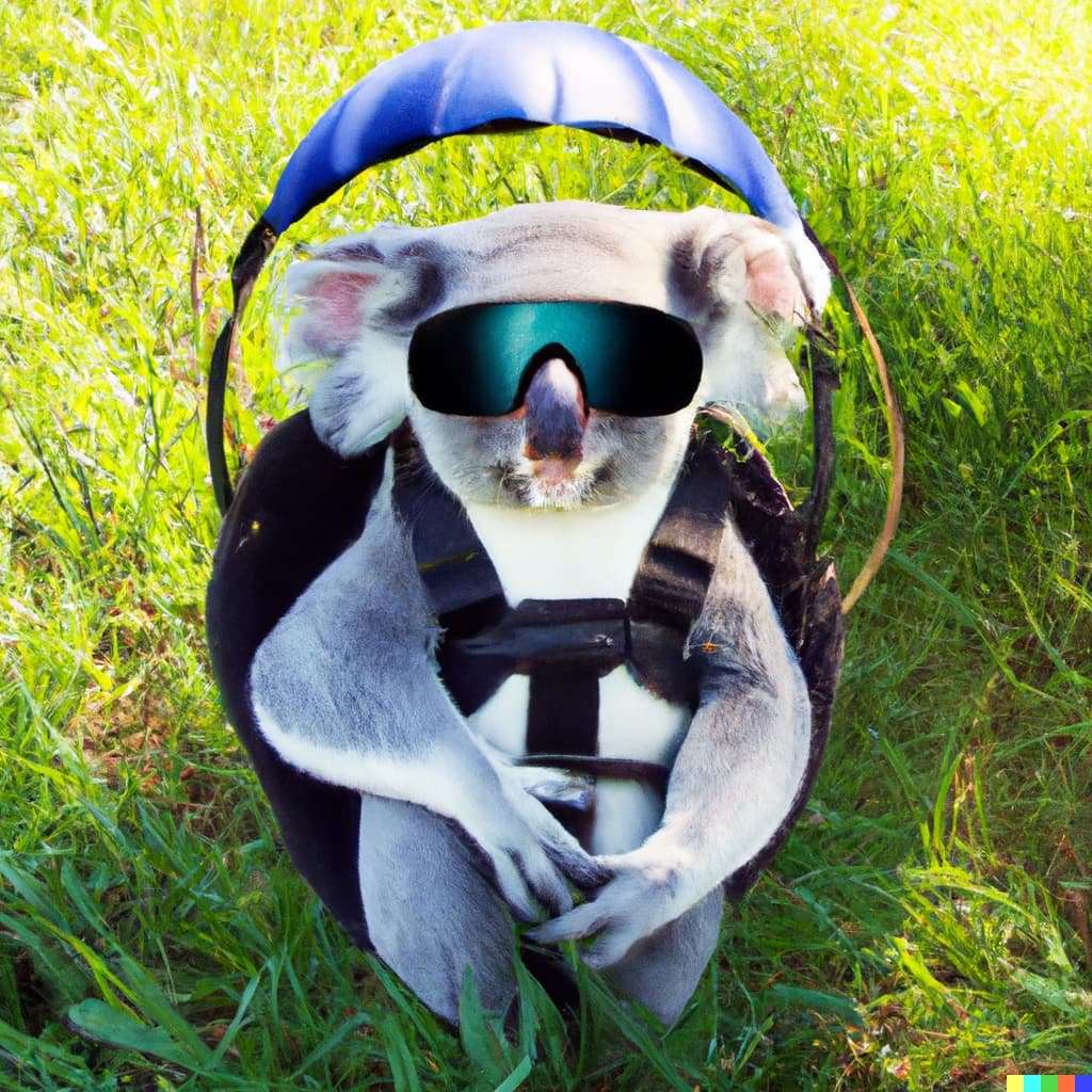DALL·E 2023 05 05 15.38.37 A portrait of koala in parachute gearwearing sunglassessitting on the grass real photo