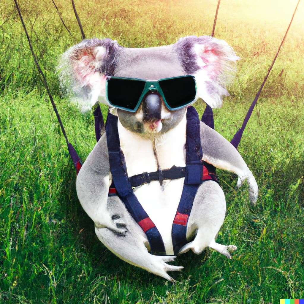 DALL·E 2023 05 05 15.38.57 A portrait of koala in parachute gearwearing sunglassessitting on the grass real photo