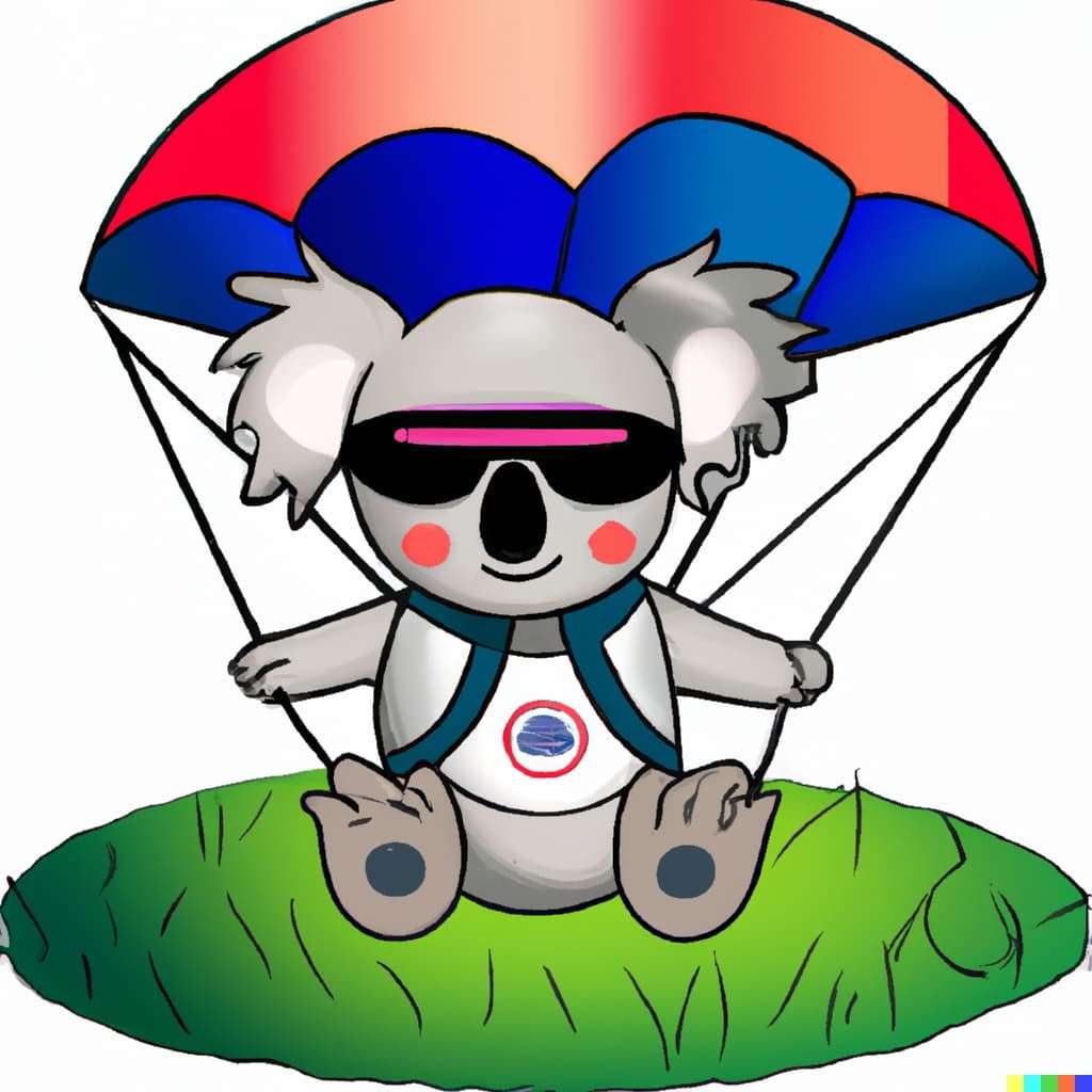 DALL·E 2023 05 05 16.55.20 A cartoon koala in parachute gearwearing sunglassessitting on the grass