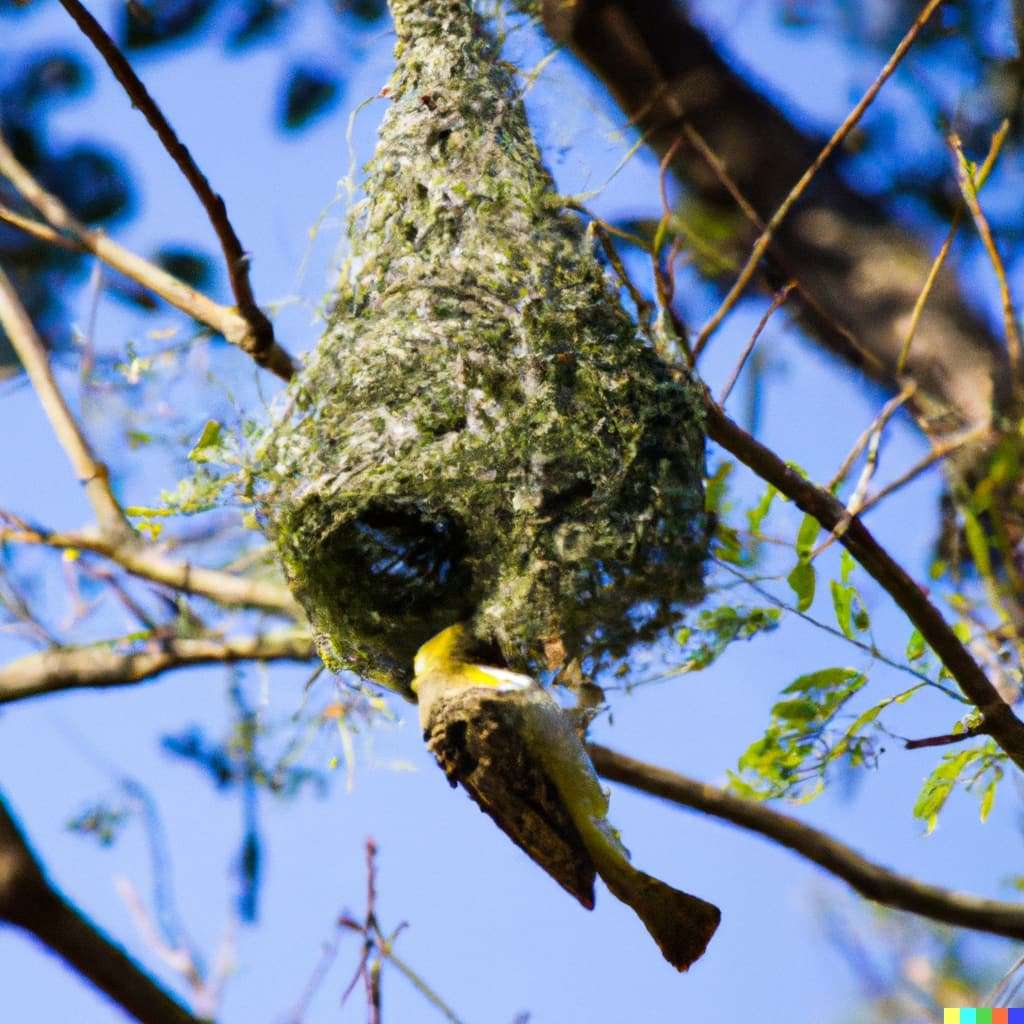 DALL·E 2023 05 08 16.20.08 A bird building its nest in a tree with meticulous movements and a sense of purpose