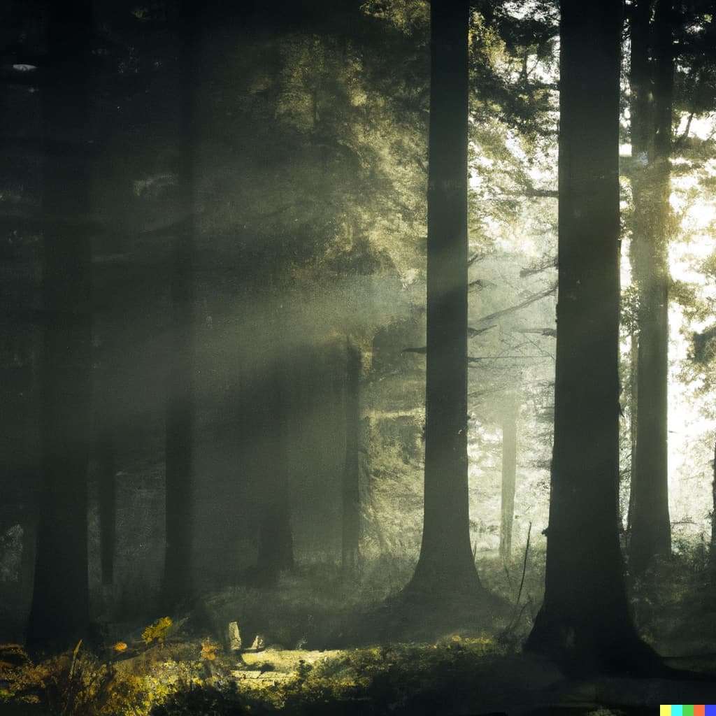 DALL·E 2023 05 08 17.02.13 A misty forest with shafts of sunlight streaming through the trees. 1