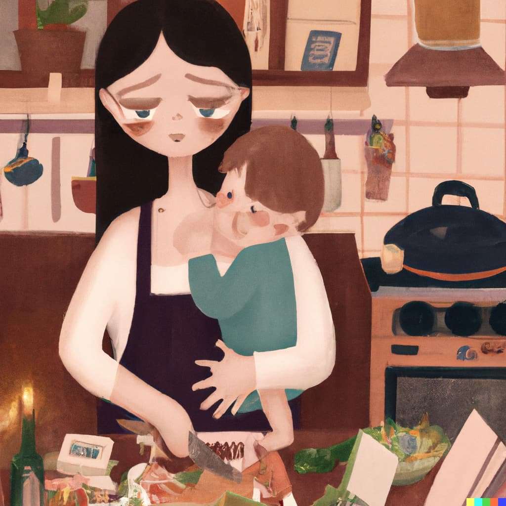 DALL·E 2023 05 08 18.36.46 A tired mother with dark circles under her eyes holding a crying baby chopping vegetables in a bustling kitchencozy home Warm candlelight cartoo 1