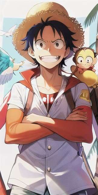 ImgCreator.ai Monkey D. Luffy smile widely with bird on his shoulder 1 1