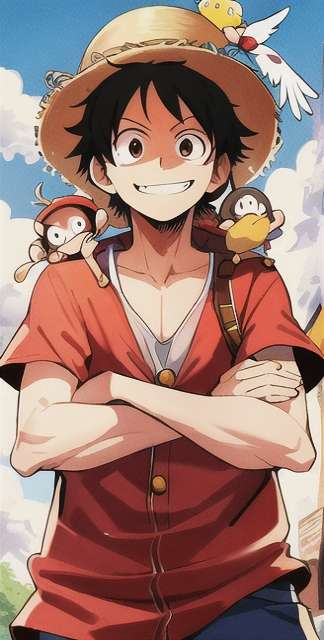 ImgCreator.ai Monkey D. Luffy smile widely with bird on his shoulder