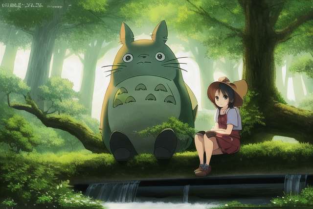 ImgCreator.ai ghiblis totoro sitting on the tree over the stream