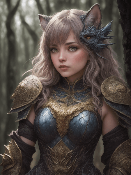 3978525361 673067849 a tiny cat bearchibi blue gold white purpple dragon scaly armor forest background fantasy style dark shot 1.17 epic min