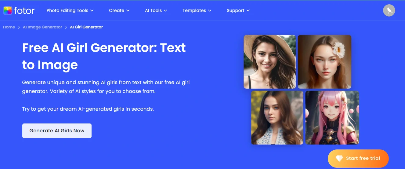 Fotor's AI girl generator 