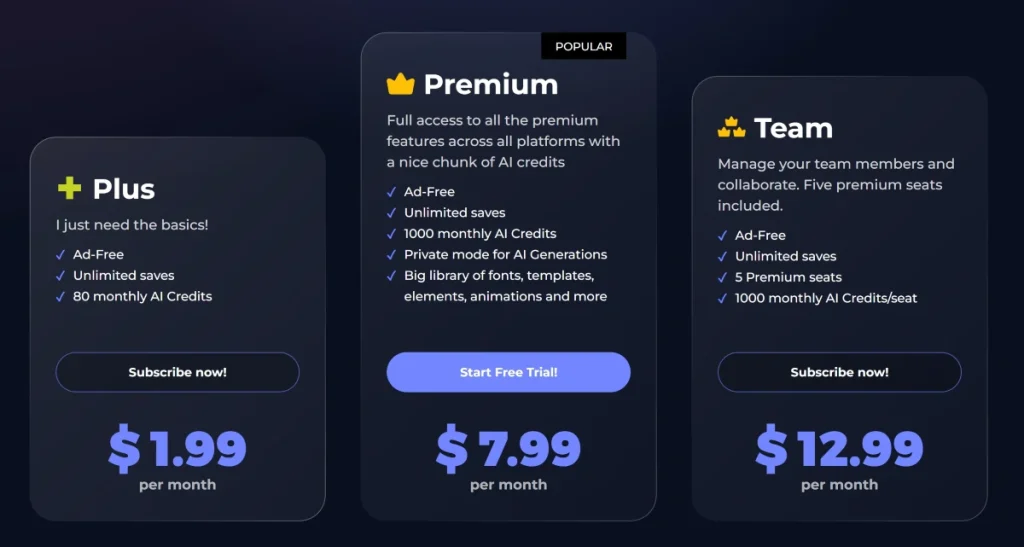 PIXLR Pricing table