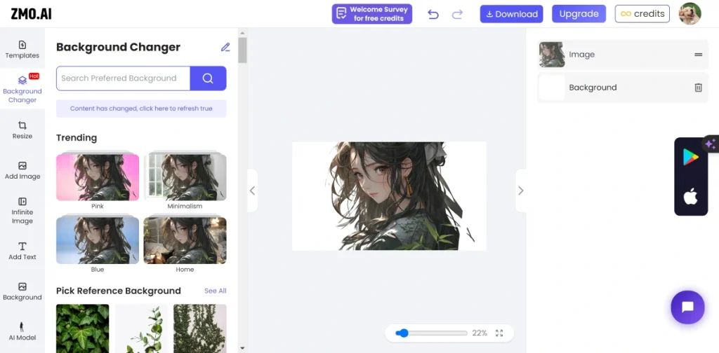 ZMOs AI background changer interface