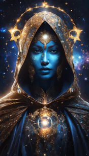 Imagine an avatar of a cosmic wanderer with galaxies swirling in their eyes, wearing a cloak made of stardust and constellations, and a staff that crackles with the energy of supernovas.