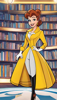 Picture a fusion between the graceful sophistication of Disney's Belle from Beauty and the Beast and the futuristic flair of Jetsons' Jane Jetson. Create an avatar that embodies Belle's love for literature and adventure, combined with Jane's sleek space-age style, exploring a retro-futuristic library among the stars.
