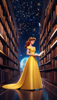 Picture a fusion between the graceful sophistication of Disney's Belle from Beauty and the Beast and the futuristic flair of Jetsons' Jane Jetson. Create an avatar that embodies Belle's love for literature and adventure, combined with Jane's sleek space-age style, exploring a retro-futuristic library among the stars.