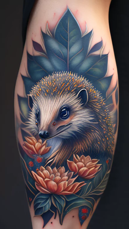 imgcreatorai a realistic hedgehog tattoo with watercolor flowers on the forearm 661ff13f8e445