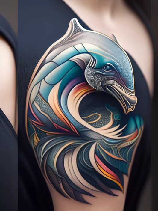 A tattoo of a dolphin with a wave on the neck