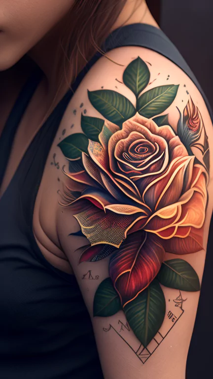 A tattoo of a rose with a name written in cursive on the shoulder

